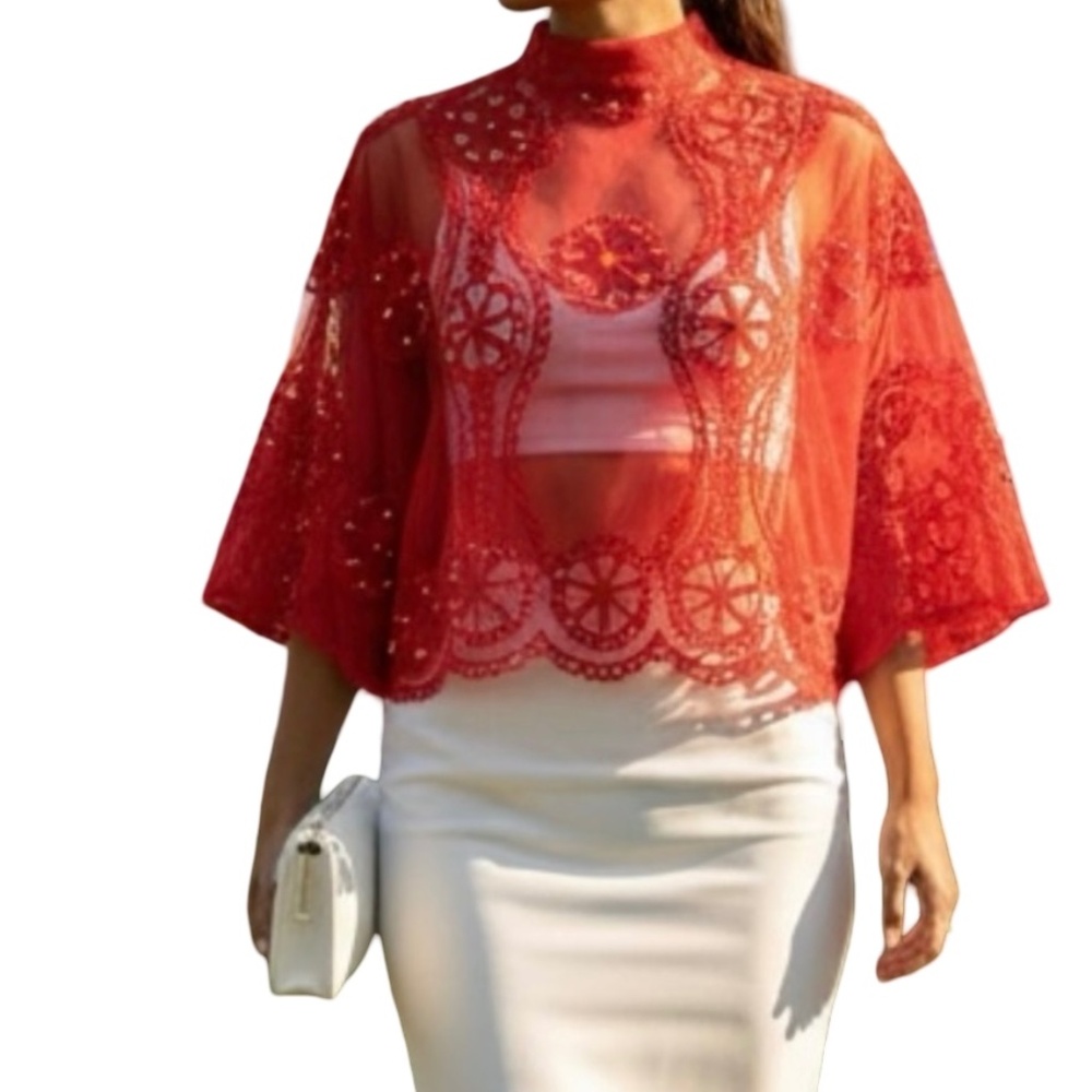 # A123  Nancy Romantic goth Red Sheer Lace Top Beaded Pearls  New No Tag  M